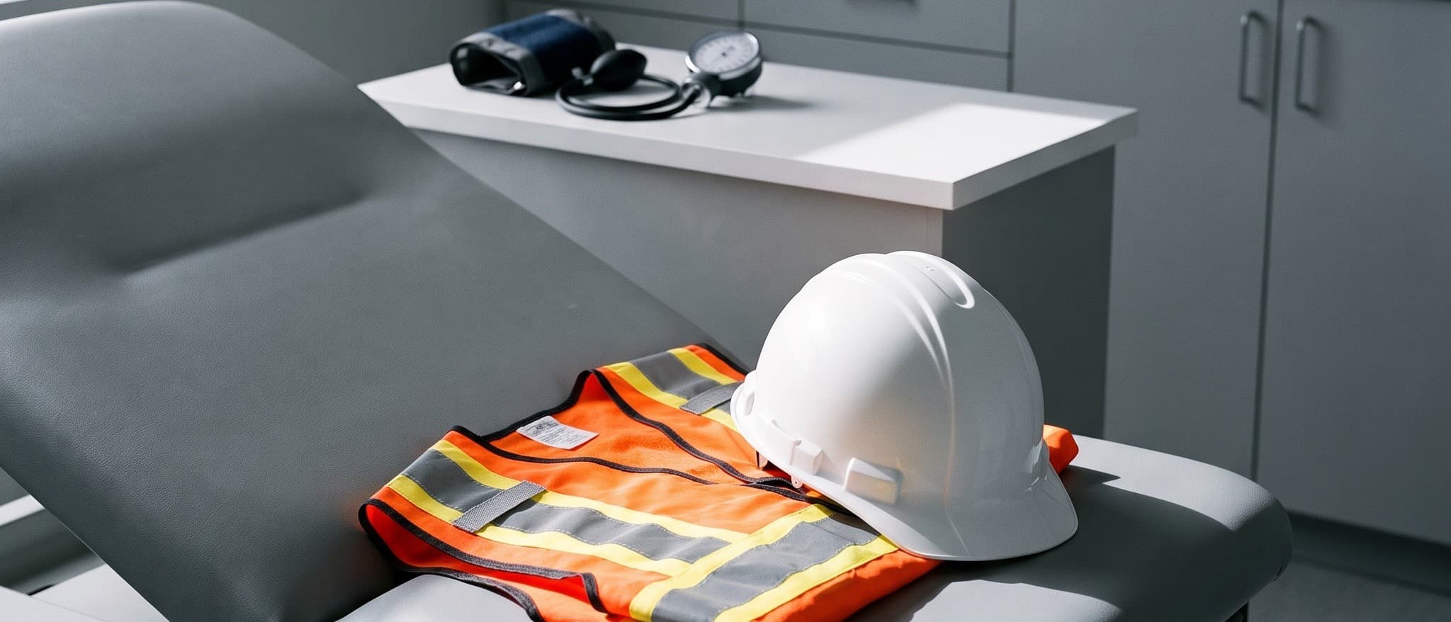 Hard hat and high-visibility vest on an exam table, a blood pressure cuff on the counter behind